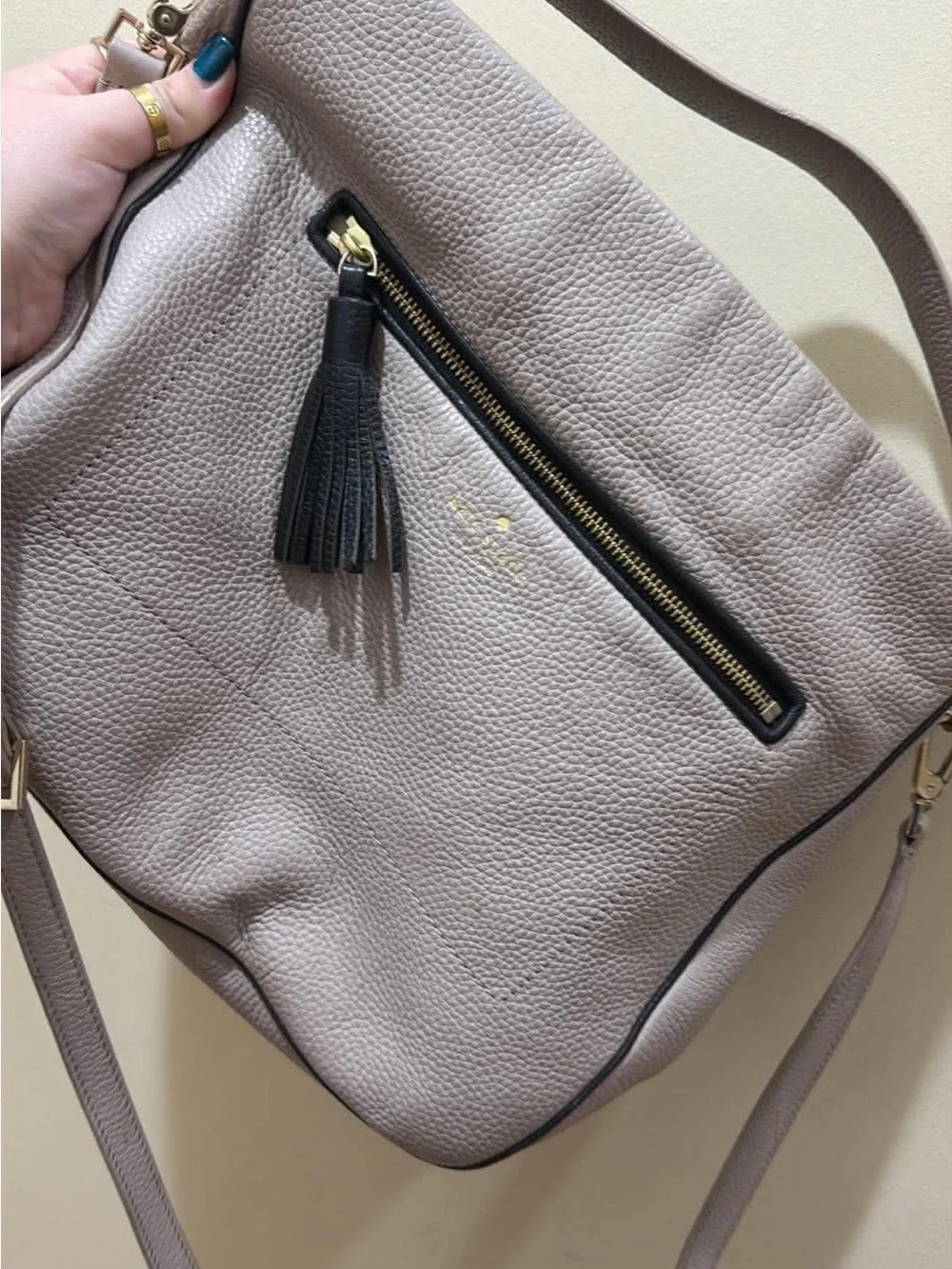 kate spade Taupe Pebbled Leather Shoulder Bag with Black Tassel